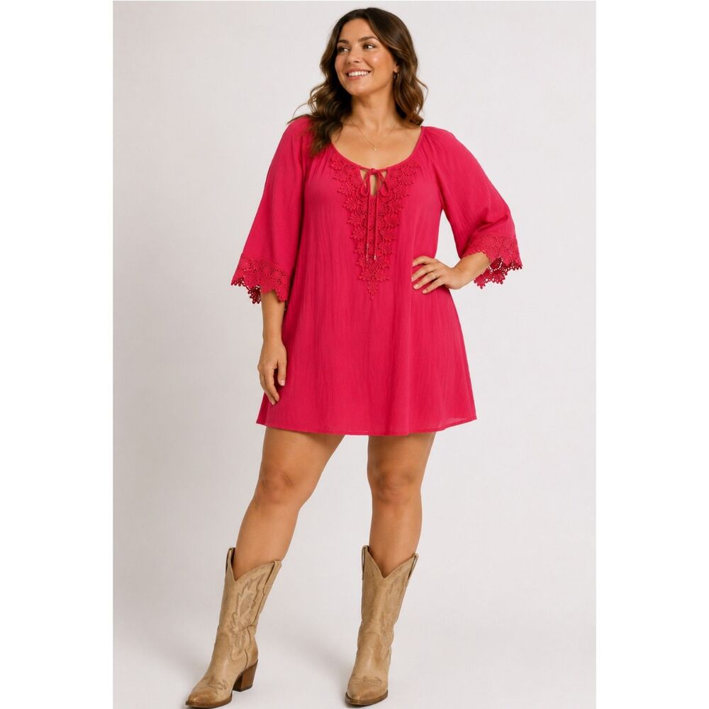 Naif 3/4 Sleeve Guaze Mini Dress Crochet Lace Boho Lined Summer Women Small